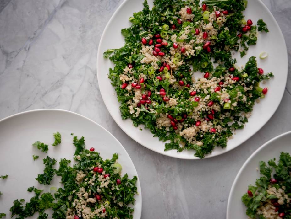 Green Quinoa Salad with Pomegranate Seeds and Basil Dressing